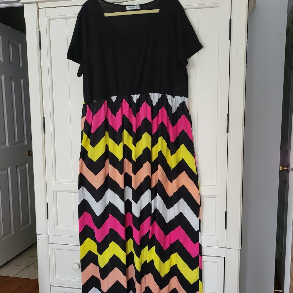 Black Top Chevron Maxi Dress with Pink, Yellow & Peach Accents